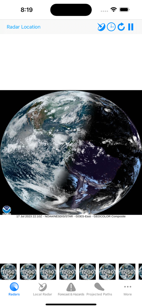 Hurricane Track+ Storm Tracker - Hurricane Track plus app interface showing a 3D Earth globe with real time GOES satellite cloud imagery