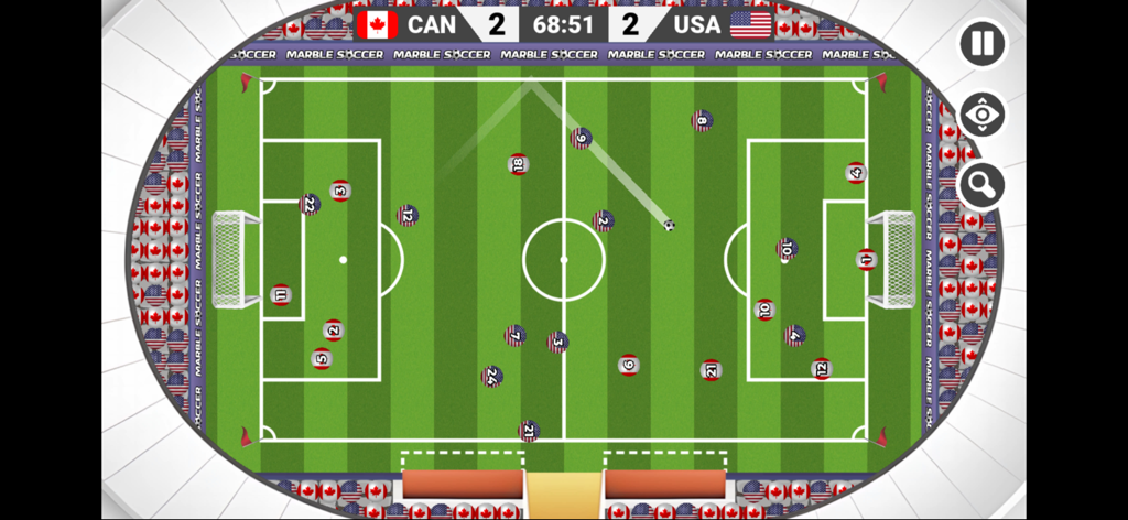Marble Soccer - Top down view of a Marble Soccer match between Canada and USA showing marbles with national flags on a green pitch