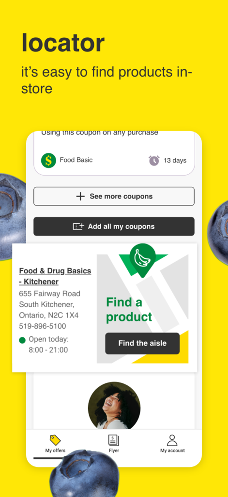 店内の商品を見つけるための商品ロケーター機能を表示するFood Basicsアプリのインターフェース