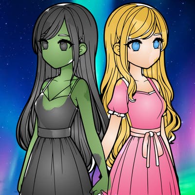 realistic girls holding hands looking the other way