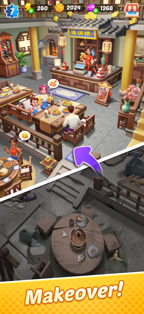 Gossip Street: Merge & Cook - Before and after comparison showing a ruined room transformed into a vibrant Chinese restaurant