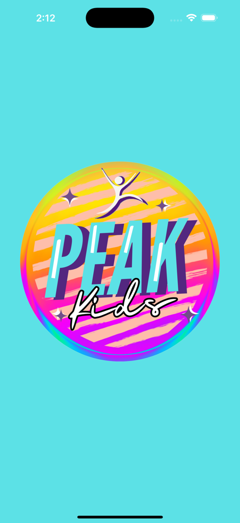 Peak Kids - Pantalla de inicio de la app móvil Peak Kids que muestra un vibrante logo circular con una figura saltando sobre un fondo turquesa.