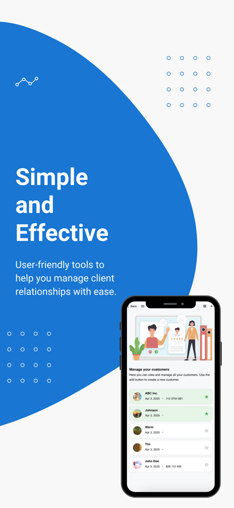 Real Estate CRM Lite - Der Bildschirm zur Kundenverwaltung der App Real Estate CRM Lite, der eine Kontaktliste auf einem iPhone zeigt.