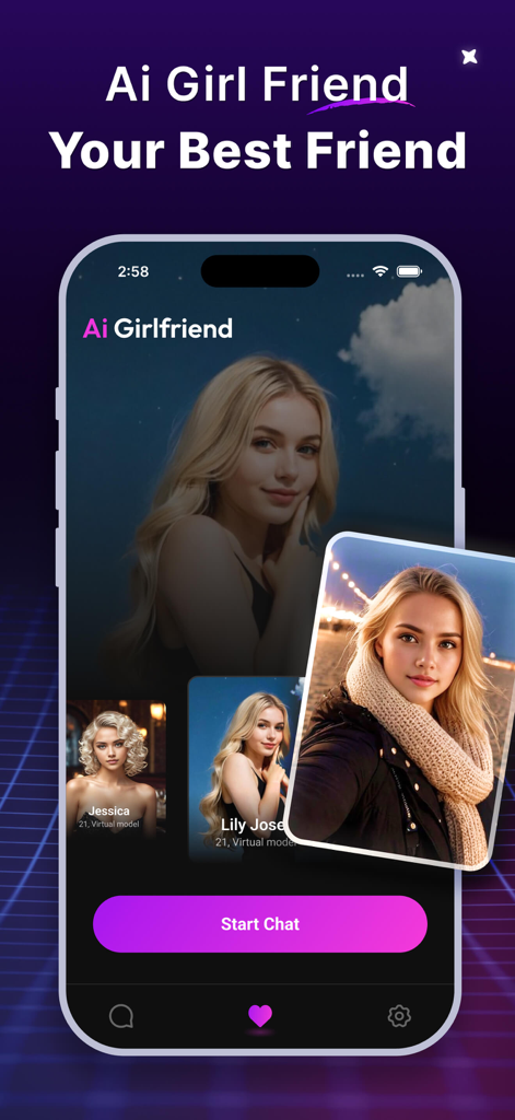 AI Girlfriend - Luvina - Interfaz de la aplicación AI Girlfriend Luvina que muestra compañeras virtuales y el botón de inicio de chat