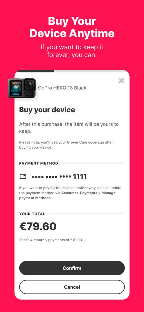 Grover – rent tech flexibly - Interfaccia dell'app Grover che mostra l'opzione di acquistare una GoPro HERO 13 Black noleggiata