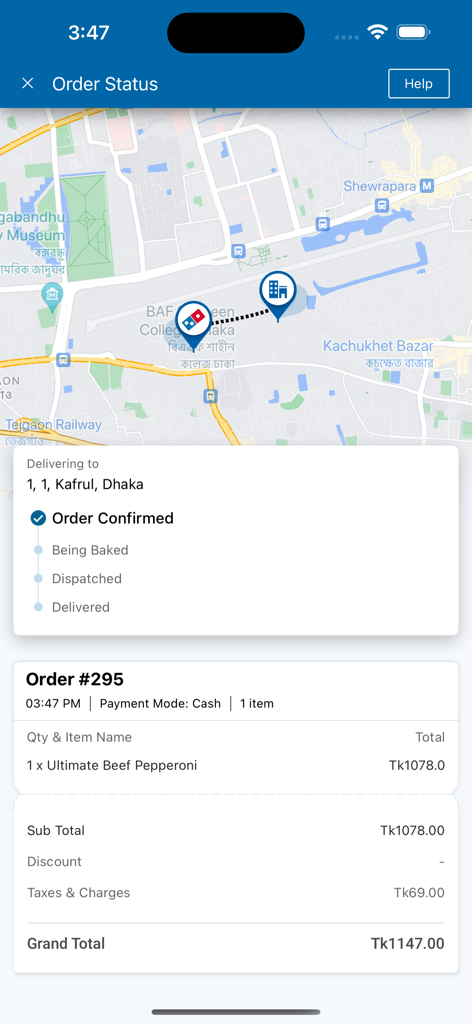 Order status screen with delivery map and receipt in the Dominos Pizza Bangladesh app