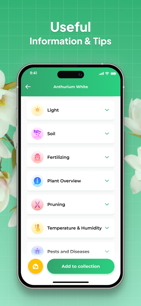 Bildschirm einer mobilen App mit detaillierten Pflegetipps für eine Anthurium White, einschließlich Angaben zu Licht, Erde und Düngung.