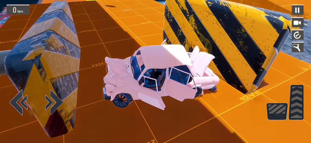 Russian Car Crash Simulator 3D - A white car being crushed by two large industrial hazards in a physics simulation game