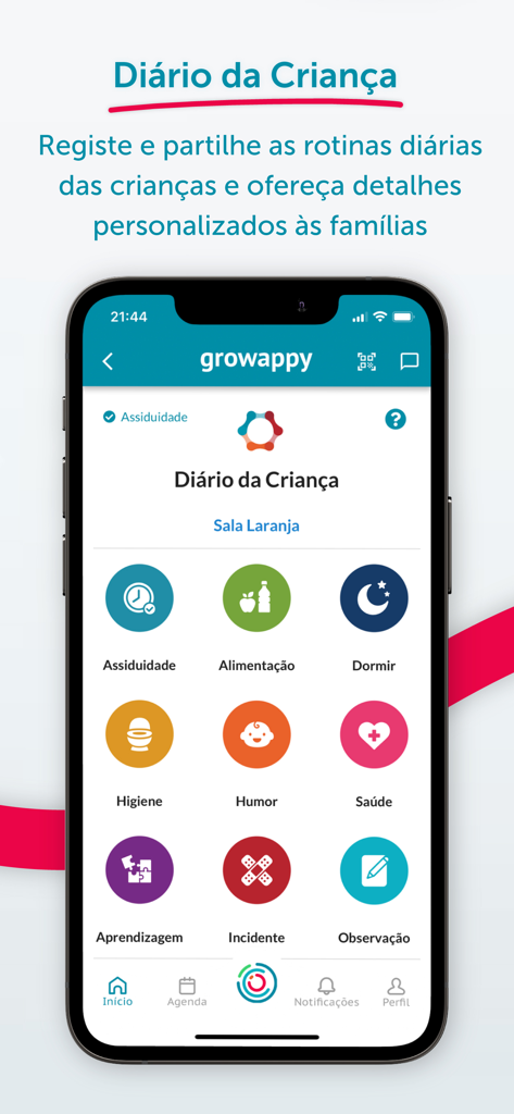 Growappy - Interfaz de la aplicación Growappy que muestra iconos para seguir las rutinas diarias de un niño, incluyendo comida, sueño y salud