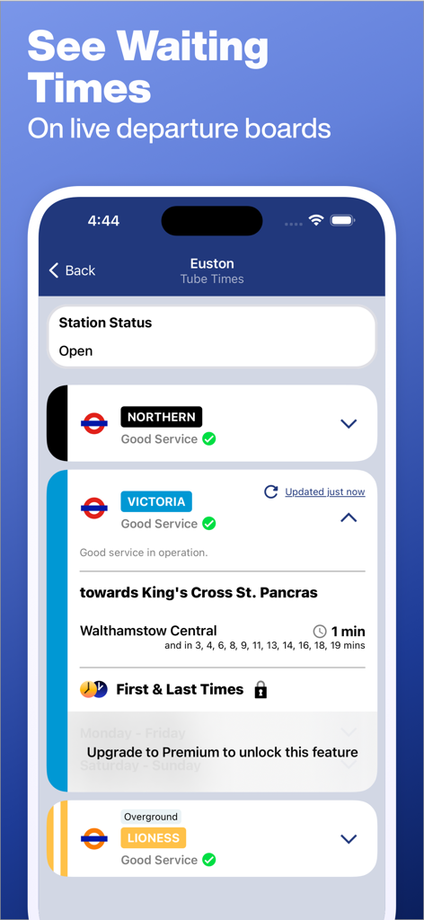 Tube Map App-Oberfläche, die Live-Zugwartezeiten und den Stationsstatus für den Bahnhof Euston in London anzeigt