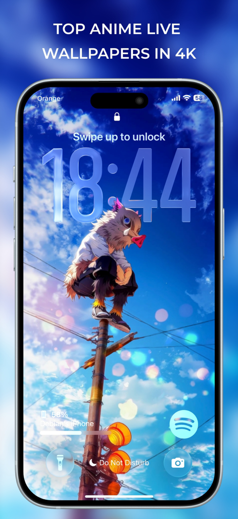 iPhone-Sperrbildschirm zeigt ein 4K-Live-Anime-Hintergrundbild von Inosuke aus Demon Slayer, der auf einer Stromleitung sitzt