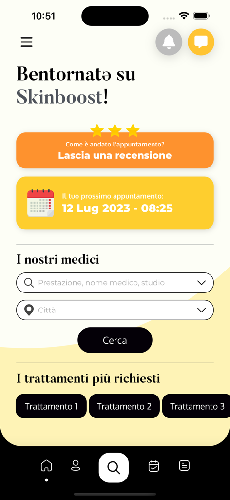 Skinboost - Home screen of the Skinboost medical app featuring appointment reminders and a search tool for dermatologists