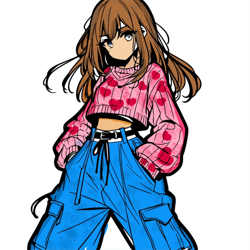 anime teen girl with baggy pants and crop top with sweater