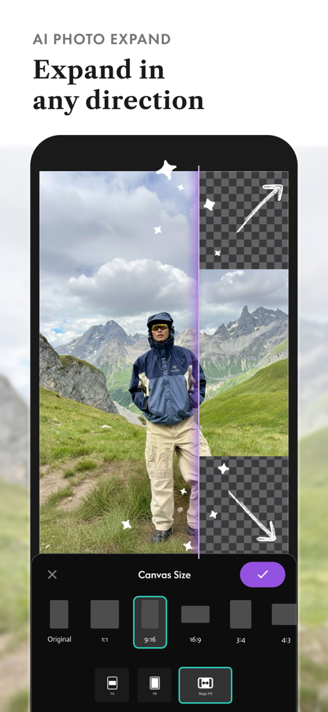 The BEAM photo editor app interface showing the AI photo expand feature being used to resize a landscape image to a 9 16 portrait ratio.