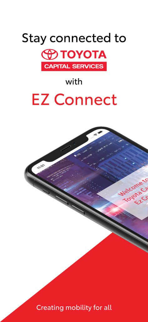 Toyota Capital EZ Connect app welcome screen with smartphone graphic