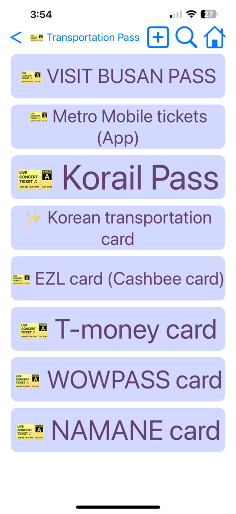 Elenco delle opzioni di pass di trasporto di Busan tra cui Visit Busan Pass e Korail Pass