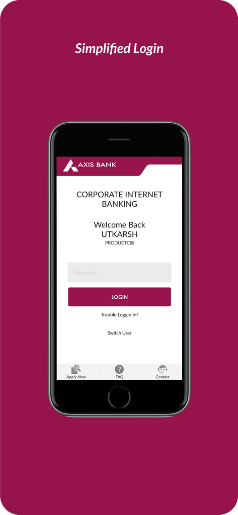 Axis Mobile - Corporate - Axis Mobile Corporate login screen featuring a simplified login process for business banking