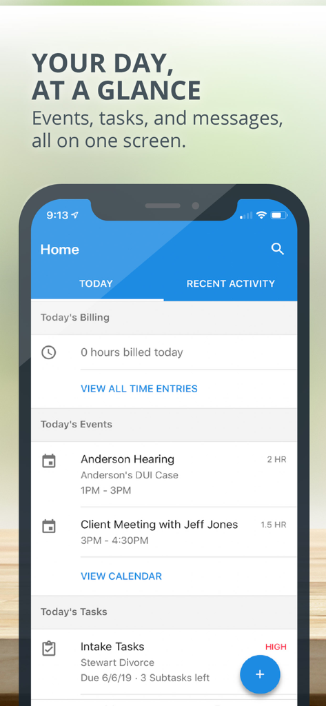 MyCase mobile app dashboard featuring daily legal billing events and tasks overview
