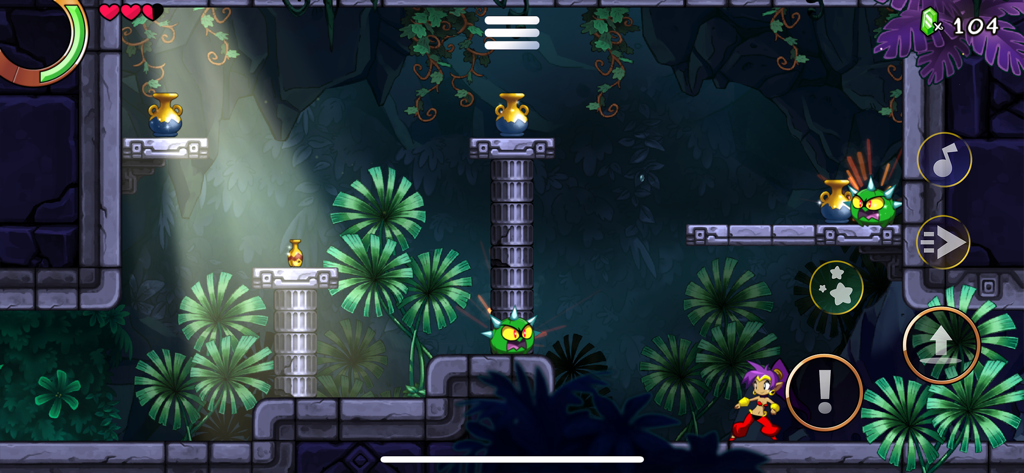 Shantae and the Seven Sirens - Shantae se encuentra en un nivel de caverna selvática oscura con pilares de piedra, elementos de plataforma y enemigos espinosos verdes.