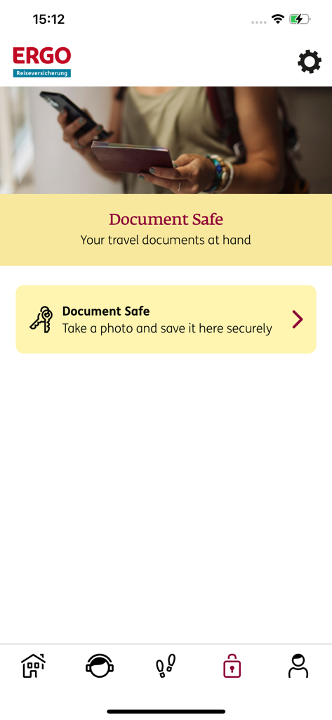 ERGO travel & care - The Document Safe feature screen of the ERGO travel and care app showing secure storage for travel documents.