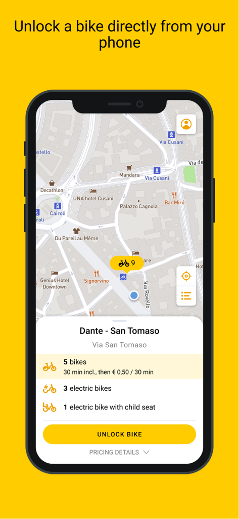 bikeMi - Pantalla de la aplicación bikeMi mostrando un mapa de Milán y las bicicletas disponibles para alquilar