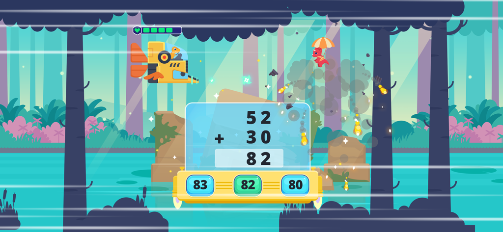 Dinosaur Math 2:Games for kids - Problema de matemáticas de suma vertical con respuestas de opción múltiple en un juego educativo temático de dinosaurios