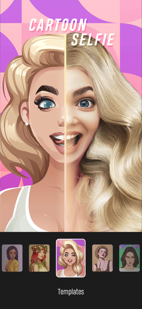 EasyArt:Photo Editor&Wallpaper - Un écran partagé montrant une photo réelle transformée en selfie cartoon à l'aide de modèles artistiques.