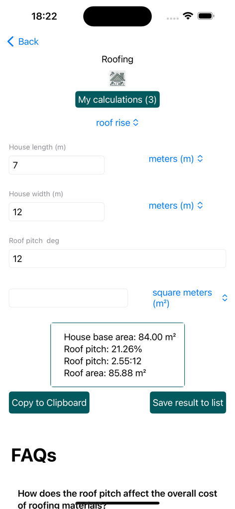 Construction Roofing calc - Interface of the Construction Roofing calc app showing roof area and pitch calculations