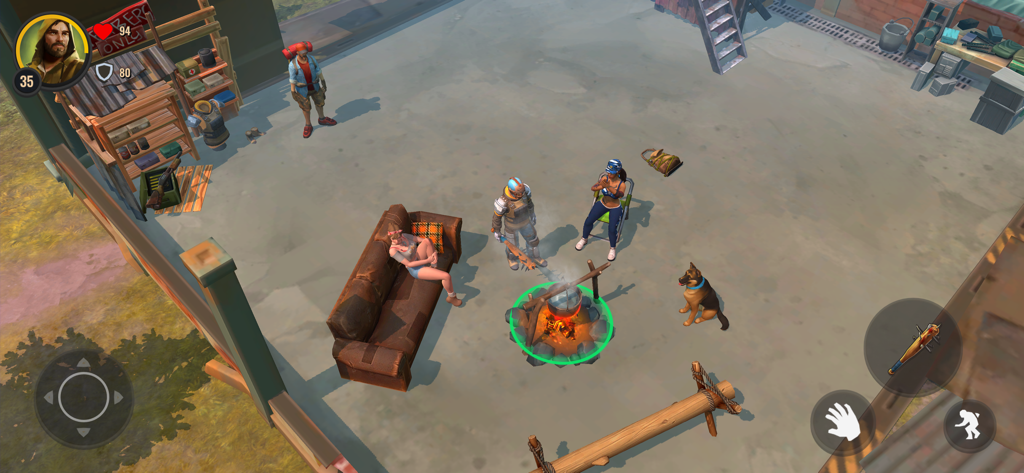 Days After: Zombie Survival - Survivors and a dog gathered around a campfire in a fortified base within Days After Zombie Survival