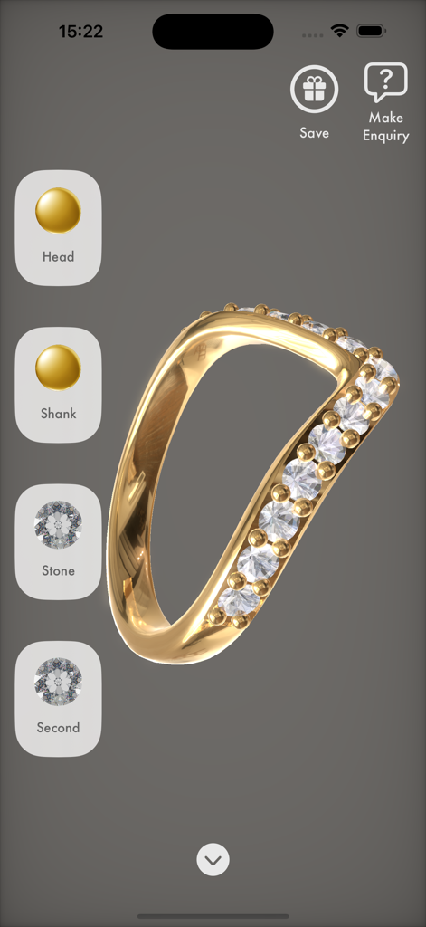 Ceric AR - A 3D model of a gold diamond ring within the Ceric AR jewelry customization app