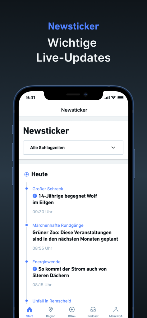RGA – Nachrichten und Podcast - RGA news app interface displaying the Newsticker feature with a timeline of live headlines and regional updates