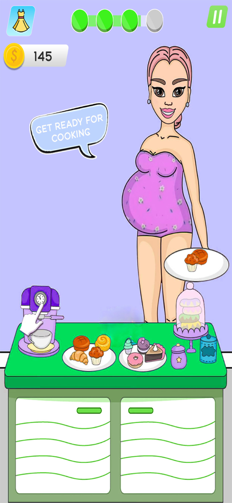 DIY Paper Doll Dress Up Game - Un personaje de muñeca de papel embarazada con un vestido floral morado está en una cocina con varios dulces y una cafetera