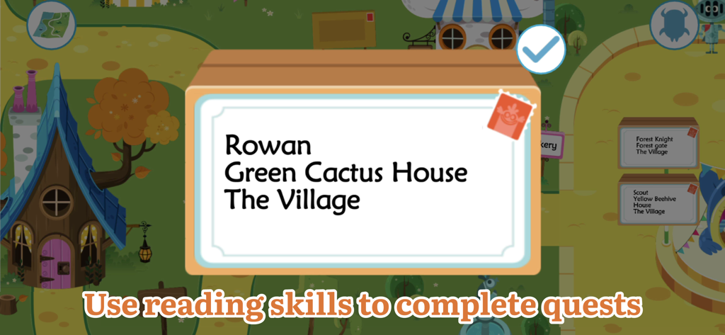 A game screenshot showing a reading quest card with an address in a colorful village to encourage kids to use their reading skills.