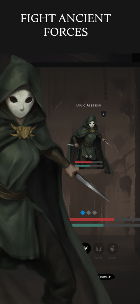 Masked Druid Assassin in a turn based combat screen from the RPG Eldrum Untold