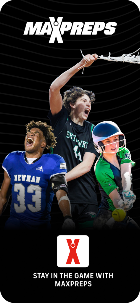 Promotional screen for MaxPreps app featuring high school football basketball and softball athletes