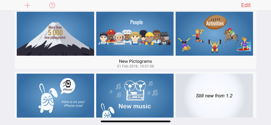 Vidra - Video Presentations - Screenshot of the Vidra app library showing slides with diverse pictograms of people and sports activities