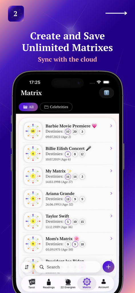 Mobile app screen showing a list of saved destiny matrices for personal contacts and celebrities like Taylor Swift and Ariana Grande