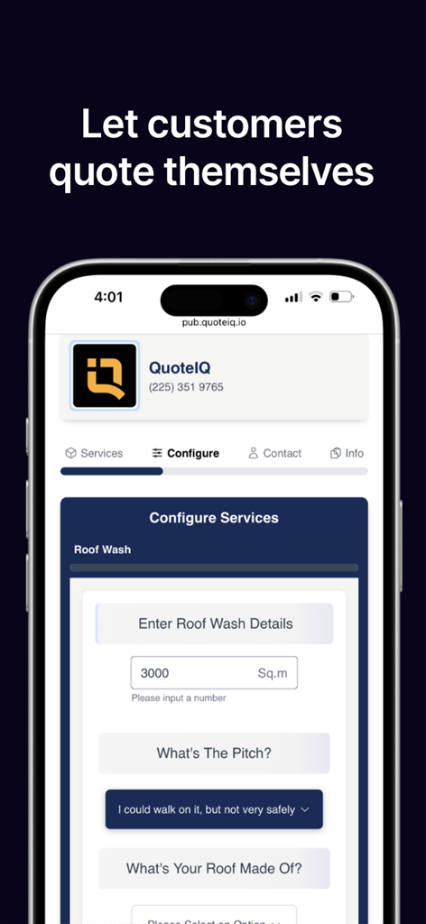 QuoteIQ mobile interface showing a customer self-quoting feature for roof washing services