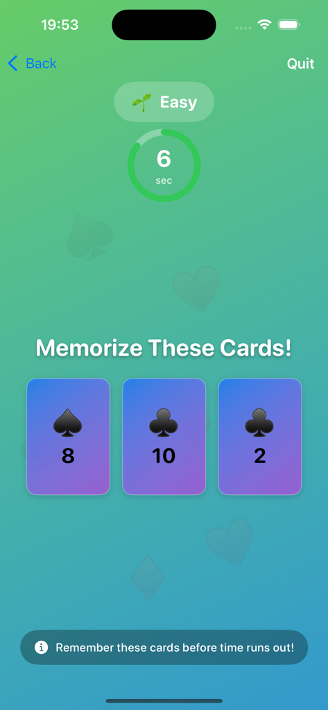 Schermata della modalità facile di RankSagaCard con tre carte da gioco da memorizzare e un conto alla rovescia