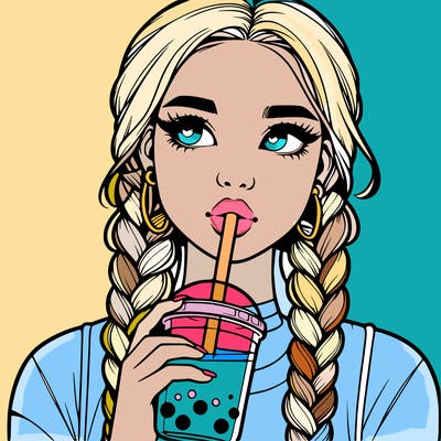 realistic girl with braided hair drinking boba