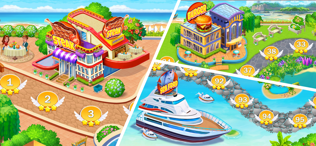 Level selection map showing steak burger and seafood restaurants in a tropical beach setting