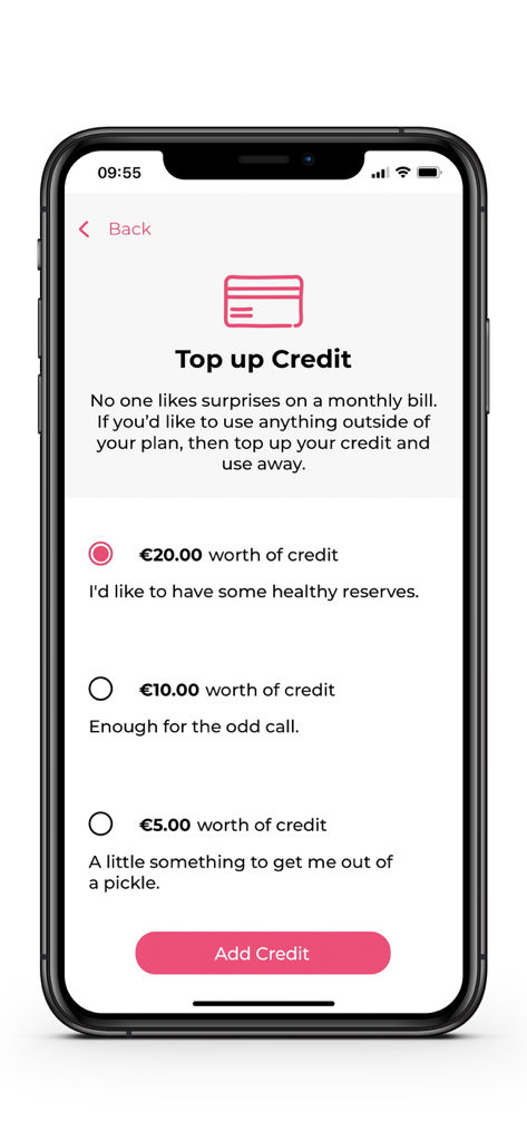Lobster Mobile - Pantalla de recarga de crédito en la app Lobster Mobile mostrando varias opciones de crédito en inglés.
