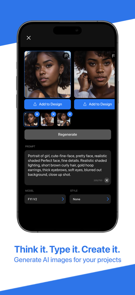 FYI.AI (Focus Your Ideas) - Interface of the FYI.AI app showing AI generated portraits from a detailed text prompt
