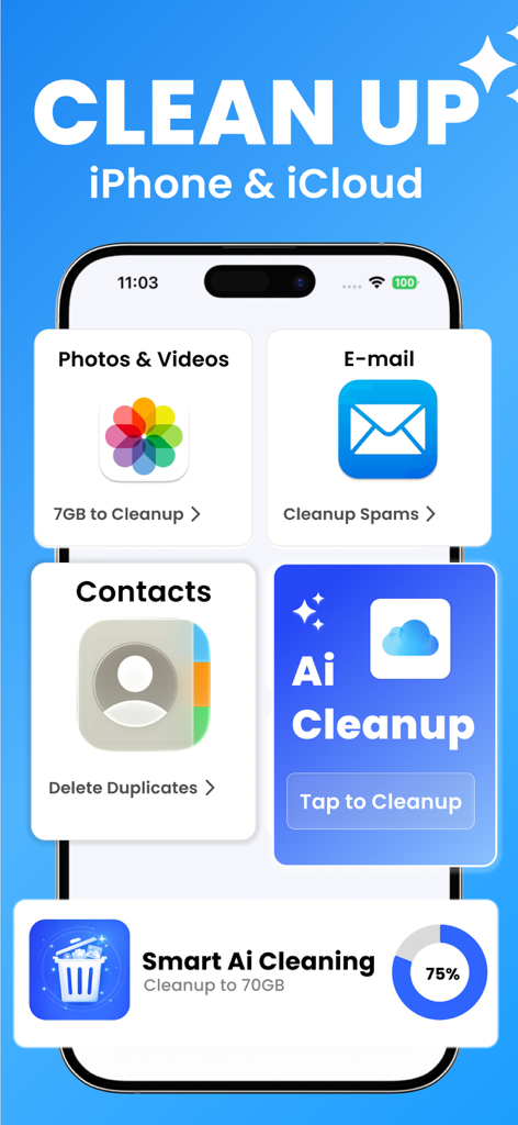 Interface do aplicativo Clean My Phone mostrando opções de limpeza de armazenamento para fotos, e-mails e contatos com um botão de limpeza inteligente de IA