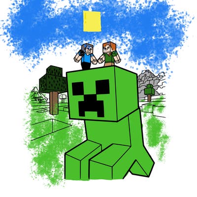 minecraft creeper with steve and alex in the background