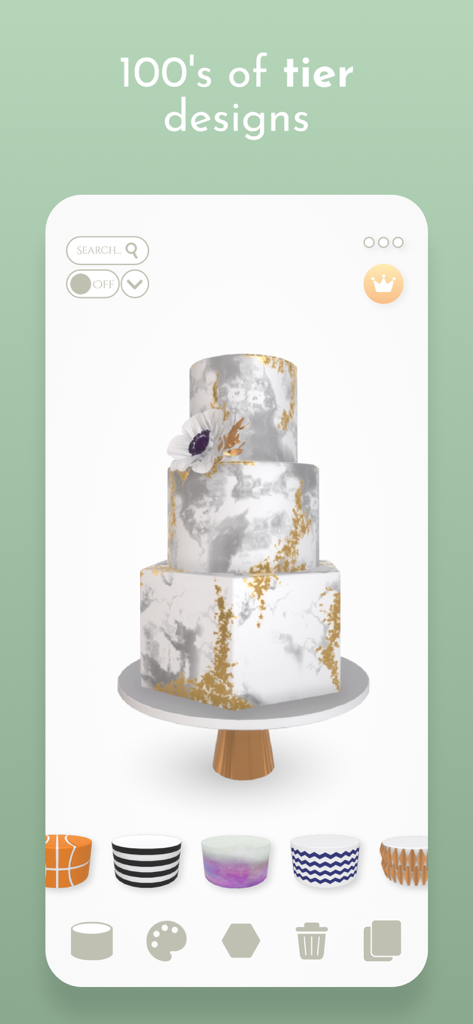 3D preview of a three tier marble wedding cake with gold accents in the Bakely app