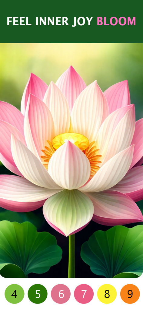 Captura de pantalla de la aplicación Coloria Bloom que muestra una flor de loto rosa con una paleta de colores numerada