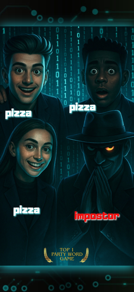A group of players in a social deduction game where one hidden impostor bluffs against civilians who know the secret word pizza.