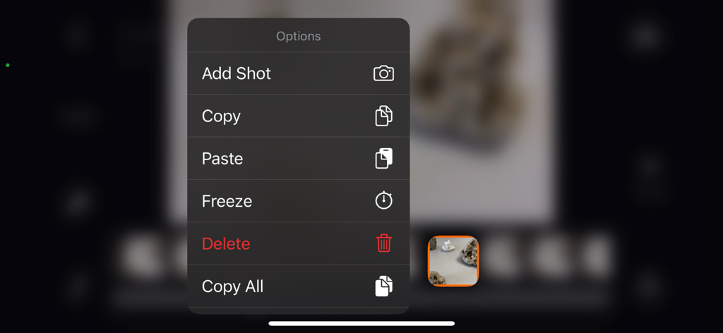 Context menu in Stop Motion Plus showing options to add shot copy paste freeze and delete frames