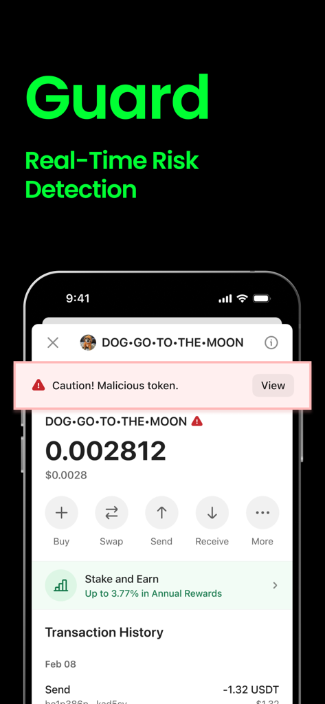 OneKey:Crypto & Bitcoin Wallet - OneKey app screen displaying a real-time security alert for a malicious crypto token.